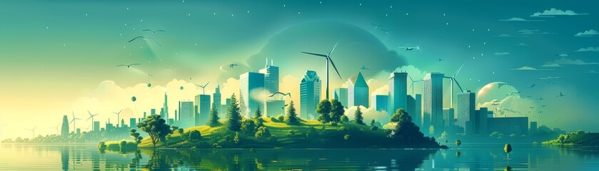 Futuristic cityscape with skyscrapers and lush greenery on an island, blending technology and nature in a harmonious urban environment.