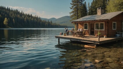 Fototapeta premium serene lakeside cabin with a family enjoying a barbecue and swimming in the lake