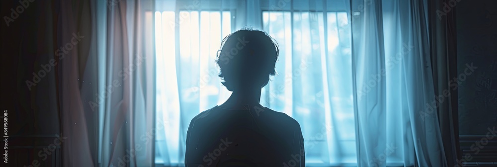 Leinwandbilder a person stands silhouetted against a window, looking out with a distant expression. soft light from