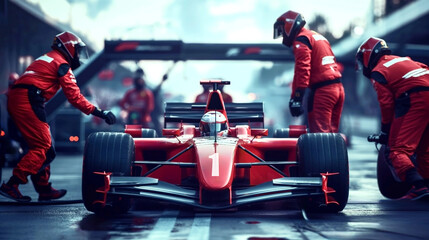 Obraz premium Intense pit stop scene with mechanics servicing a Formula One car during a race.