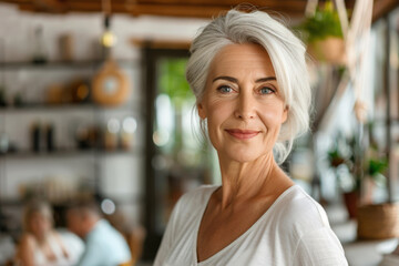 Fototapeta premium Active Senior Woman in Bright Cafe 