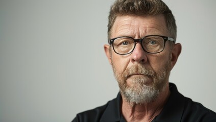 Obraz premium Man with beard and glasses wearing black polo shirt, neutral background