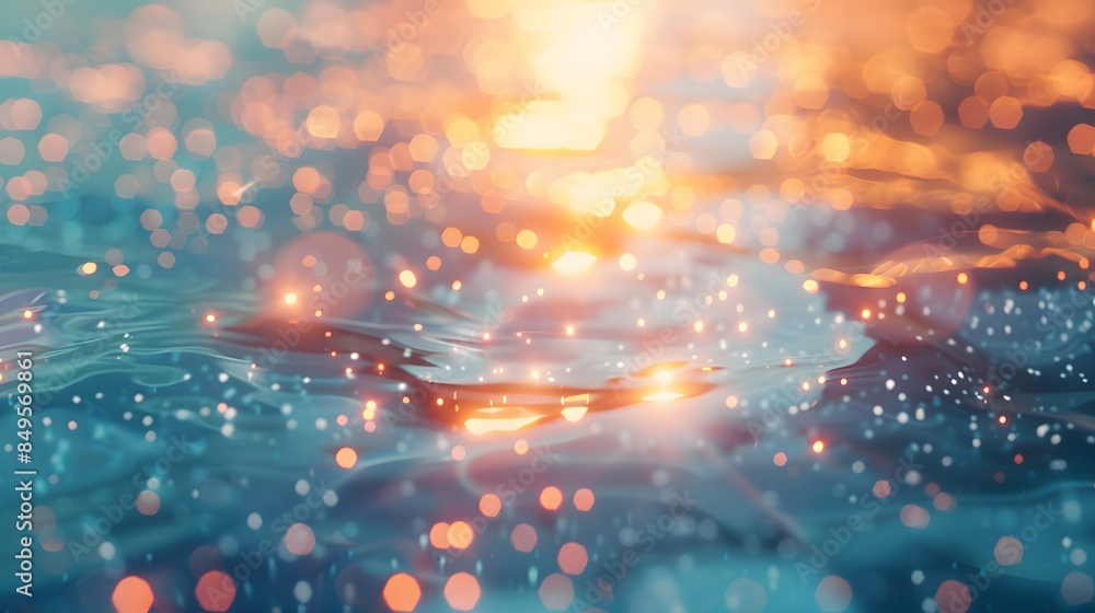 Poster soft glowing bokeh reflections on a calm water surface, with a blend of warm and cool colors creatin