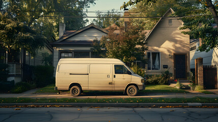 A white van is parked on the side of a street in front of a house