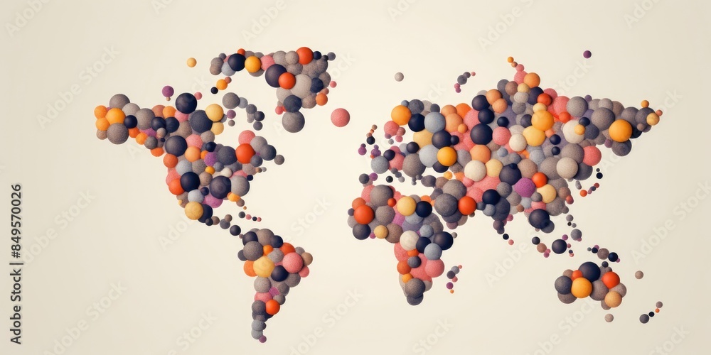 Poster stylized world map composed of multicolored circles on a white background with a modern artistic tou