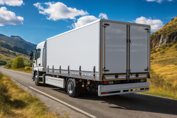 A white truck is driving on the road against the background of a summer landscape
