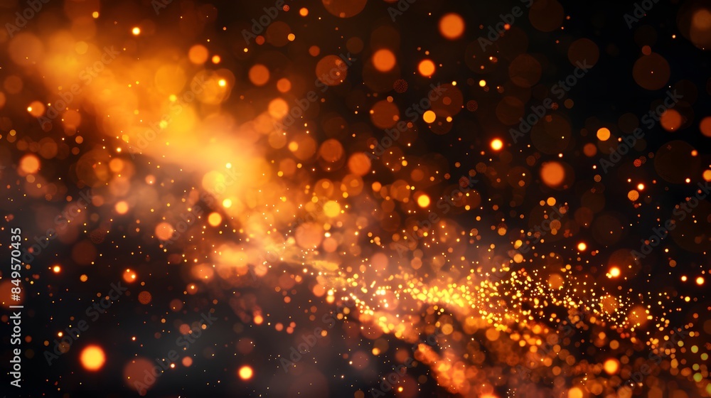 Poster abstract bokeh effect with orange sparkles and a dark background, resembling fiery embers in a dynam
