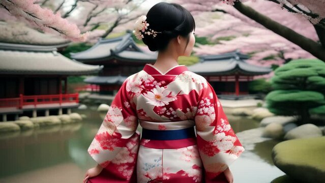 An Asian woman of noble origin in a festive kimono walks slowly through a blooming Japanese garden