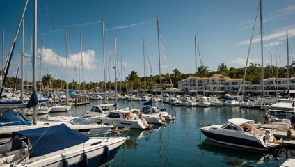  busy marina with sailboats, yachts, and people preparing for a day on the water