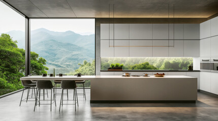 Fototapeta premium Modern kitchen with large windows offering a panoramic view of lush mountains.