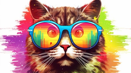 A vibrant and colorful illustration of an orange tabby cat wearing large rainbow sunglasses. The cat is centered against a dynamic, multicolored background with brushstroke effects, creating a fun and