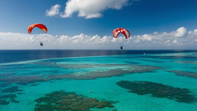 adventurous scene of people parasailing over crystal-clear ocean waters