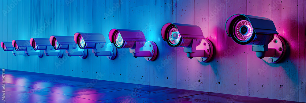 Poster a row of security cameras are lit up in neon colors. the idea behind this image is to create a sense