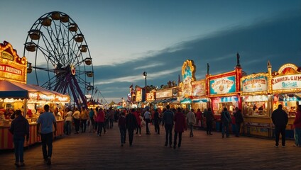 bustling boardwalk with carnival games, street performers, and food stalls.