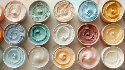A top-down view of a selection of different-colored body care products in small white bowls, all arranged on a white marble surface