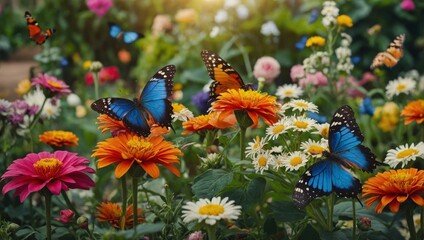summer garden with colorful butterflies, birds, and a variety of blooming flowers.