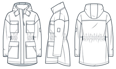 Parka Coat technical fashion Illustration. Winter Jacket fashion flat technical drawing template, front zipper, pockets, hood, front, side and back view, white, women, men, unisex CAD mockup set.