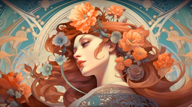 A poster design inspired by Alphonse Mucha, stylized figures and floral elements