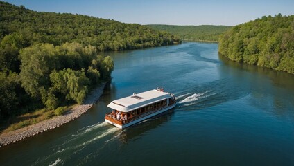 Naklejka premium serene river cruise with tourists enjoying the sights and sounds of the water and surrounding nature