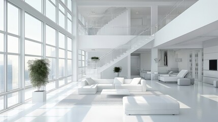 Obraz premium Spacious and bright modern living room with large windows and contemporary furniture.