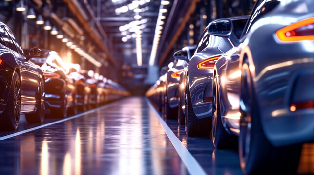 Luxurious cars lined up inside a modern automotive plant illuminated by overhead lights