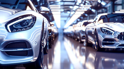 Row of luxurious cars showcased in a modern showroom with reflective floor