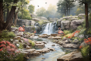 painting of a landscape of an waterfall passing over a small river in the atmosphere of spring, where the forest is with trees, birds and butterflies