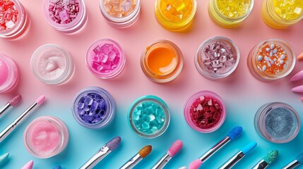 An overhead shot of various colors of nail polish and tools, arranged on a pink and blue gradient background