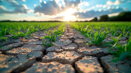 Sprouting plants in cracked soil at sunrise in a dry field. Concept of resilience, climate change, and sustainable agriculture. Suitable for environmental campaigns, farming industries, and educationa