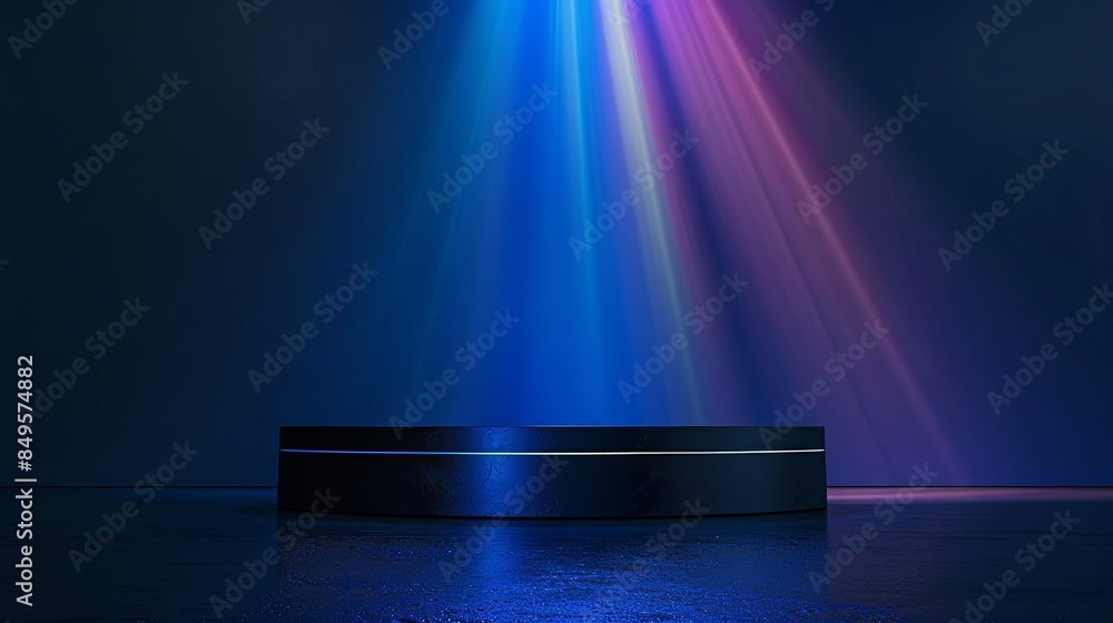 Sticker Abstract image of a dark stage with vibrant blue and purple lights, perfect wallpaper or background for a best-seller