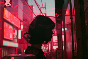 Obraz premium A silhouetted woman stands in a neon-lit city, evoking a sense of mystery and intrigue in the bustling urban nightscape