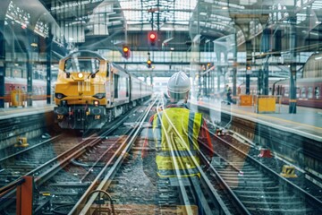 An experienced railway engineer wearing a safety vest and hard hat conducting a thorough inspection of the train tracks and locomotives at a bustling train depot
