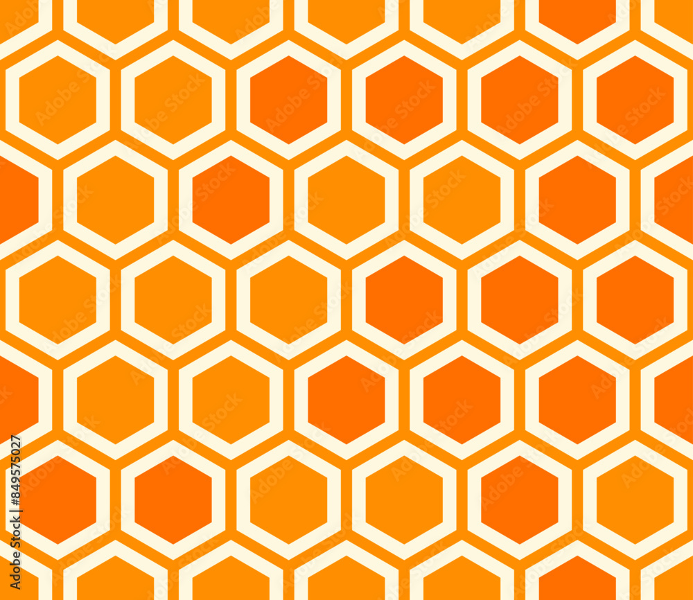 Poster geometric shapes background. plain hexagon net with inner solid cells. orange color tones. large hex