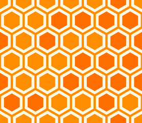 Geometric shapes background. Plain hexagon net with inner solid cells. Orange color tones. Large hexagon shapes. Seamless pattern. Tileable vector illustration.