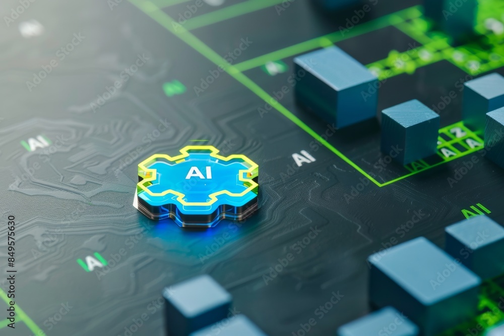 Poster urban skyline interfaced with ai technology, depicting the integration of smart systems in city deve