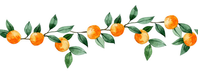 watercolor pattern, seamless fruit border of oranges, tangerines and leaves.