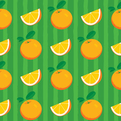 Fruit seamless pattern with taste whole and slice orange on green striped backdrop. Summer vector background in flat style with citrus fruits. Suitable for wallpaper, wrapping paper, fabric