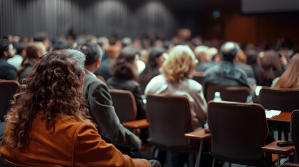 A group of people are sitting in a room, some of them wearing glasses