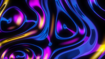 Futuristic iridescent holographic waves. Metallic foil background. Neon colors wavy surface