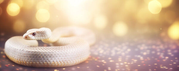 Albino snake with blurred gold background, glitter and blurred background, white snake represent year of snake, happy Chinese new year 