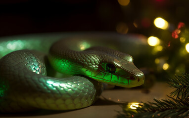 Fototapeta premium Close-up of a green snake among Christmas ornaments, highlighted by soft lights.