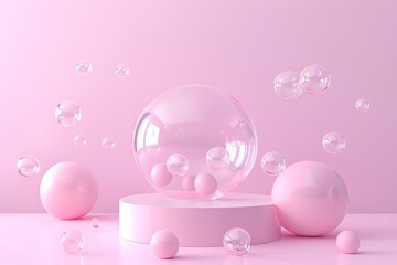 Obraz premium Chewing gum bubbles. Pink pastel background advertising. Platform, exhibition base according to the template. 3d illustration. 