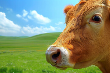 curious cow peeking from the corner on a meadow. Generative ai 