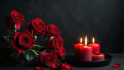 Fototapeta premium Midnight Love Affair: Intimate Valentine’s Ambiance with Red Roses and Candles on Dark Background. Copy Space