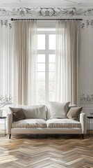 a modern living room ambiance featuring a beige sofa, wooden floor, and white walls adorned with a window dressed in elegant curtains.