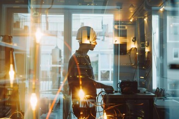Experienced electrician working on installation of modern and energy-efficient lighting fixtures inside a residential property