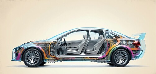 Conceptual view of a transparent fictional car, with exposed technical interior parts in a futuristic design