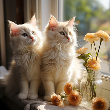 Adorables gatitos peludos de raza de distintos colores sentados adornados y rodeados de flores silvestres. Imagen idilica de animales.