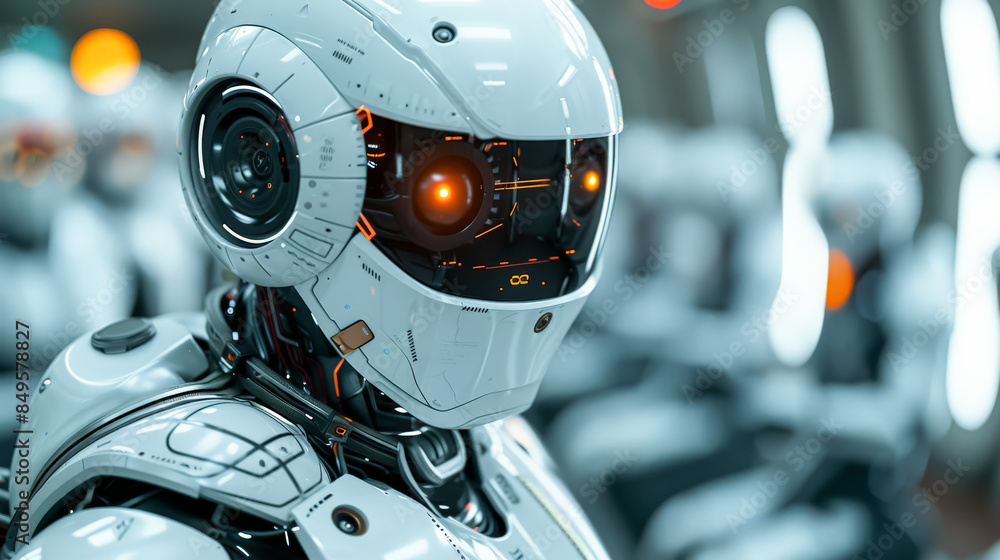 Poster a robot with a white helmet and orange lights on its face stands in a crowd of robots. concept of fu