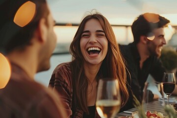 Happy friends having fun together at rooftop dinner party with wine and food on table, beautiful young woman laughing while sitting next to her boyfriend